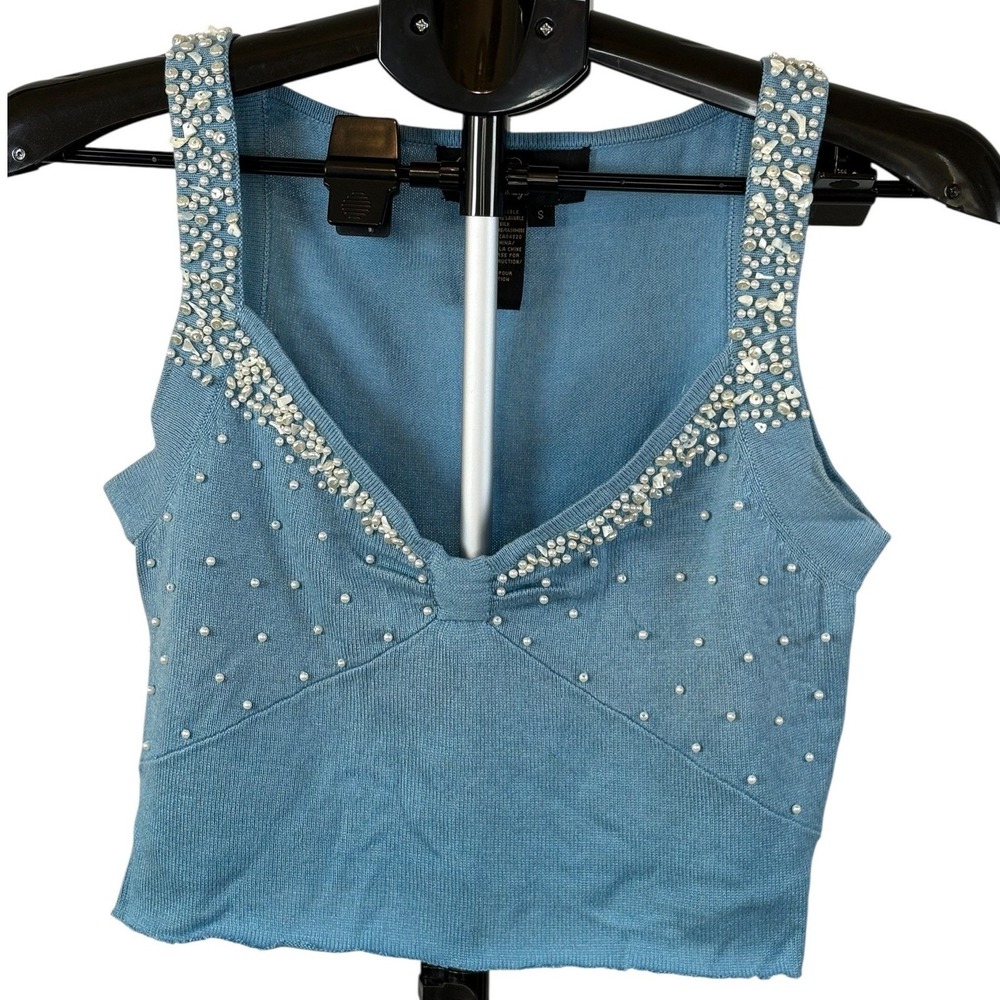 Christine Phillipe Limage Silk Cashmere Beaded Pearl Crop Tank Top Blue Womens S